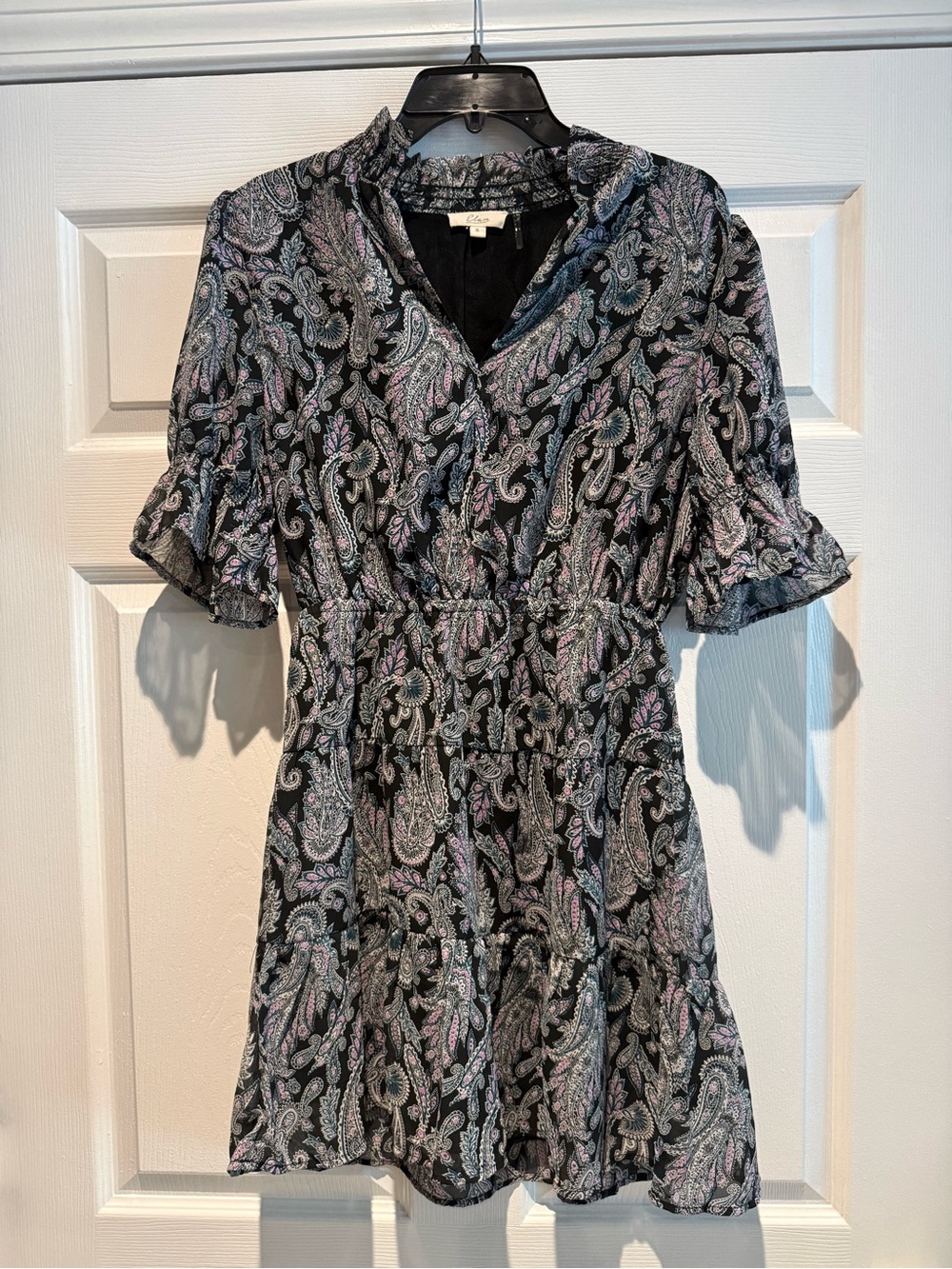 Elan Women’s Paisley Chiffon Mini Dress Black/White/Pink Ruffle Sleeve Sz S